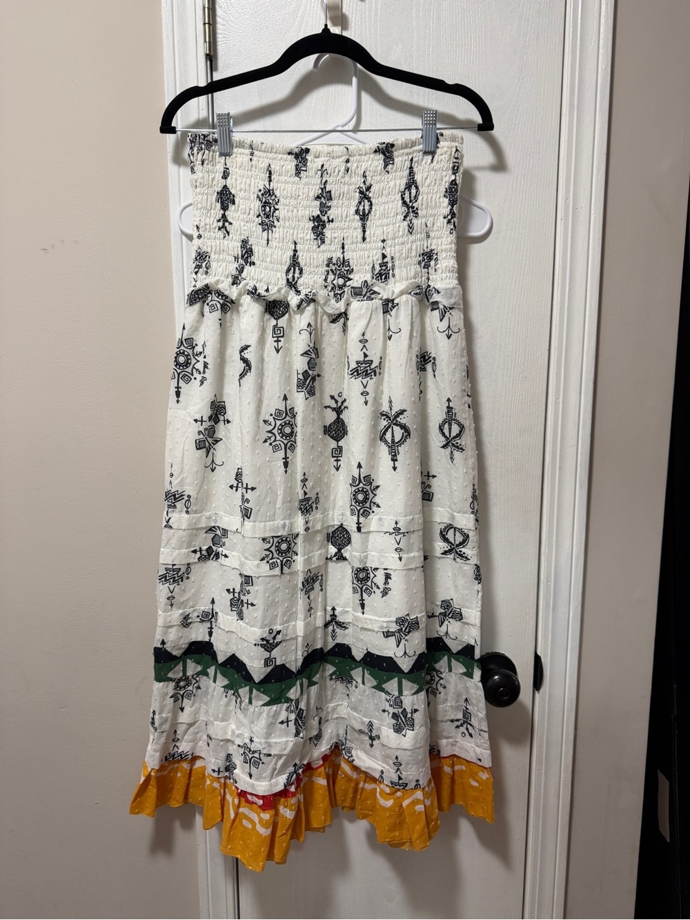 FARM Rio White Strapless Maxi Skirt with Black Print and Yellow Hem smocked